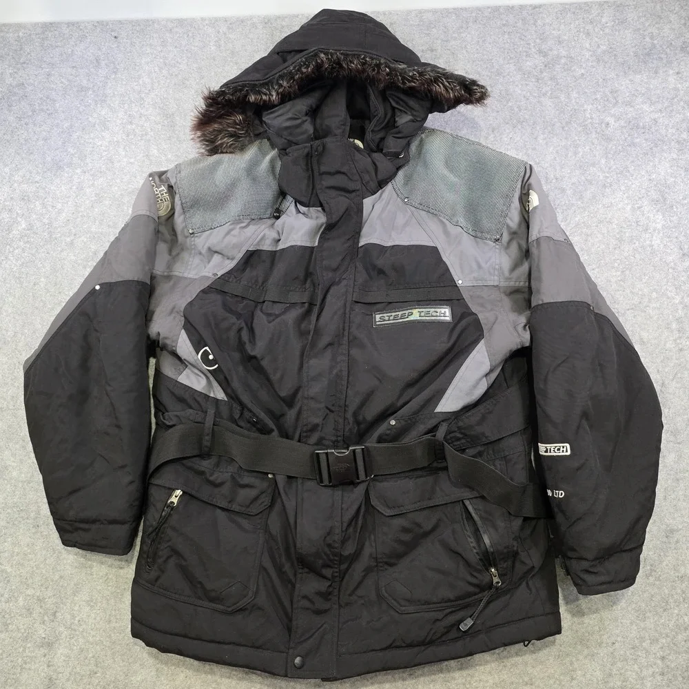 The North Face Steep Tech 600 LTD Jacket Mens XL Black Hooded Belted Ski Parka